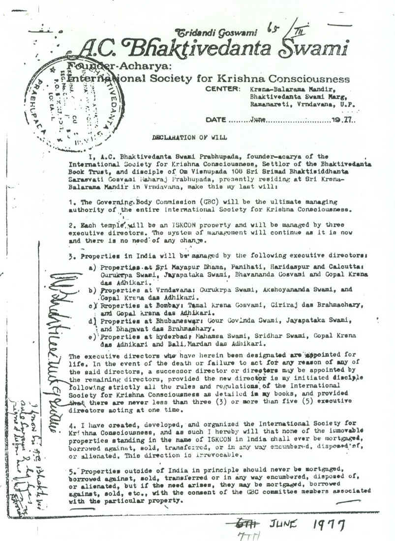 Srila Prabhupadha's Will