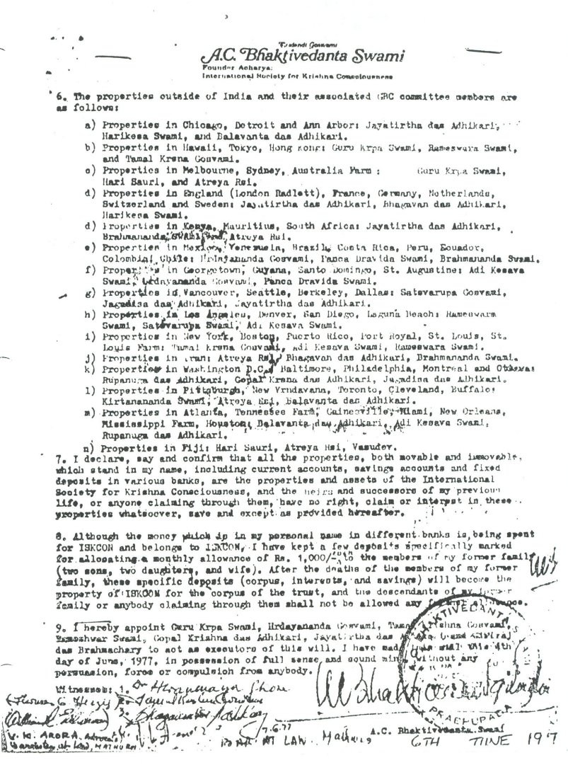 Srila Prabhupadha's Will